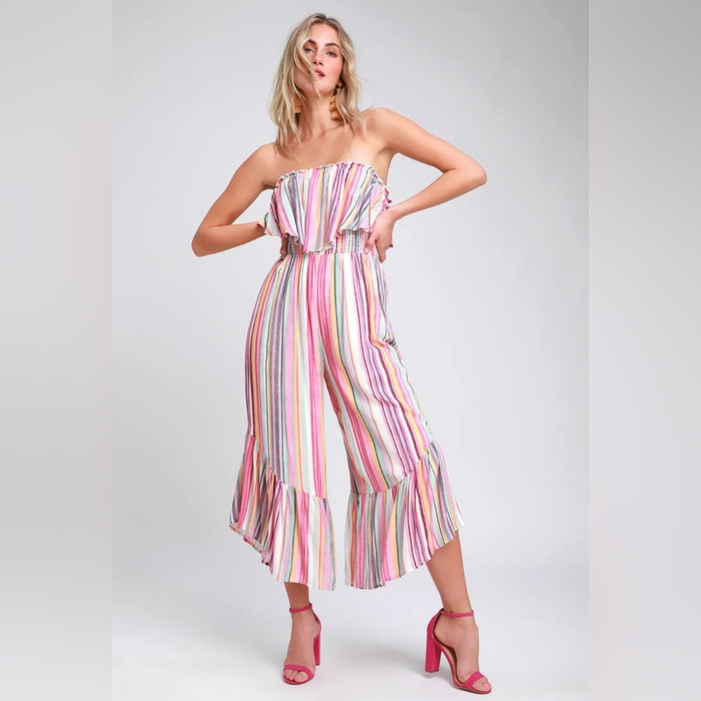 Lush Moonstone Beach Pink Multi Striped Strapless Culotte Jumpsuit, size small